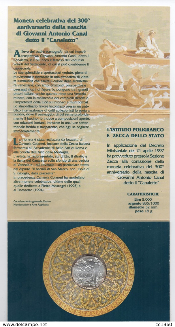 Italia - 1997 - 5.000 Lire FDC Zuane Antonio Da Canal Detto Il Canaletto - Argento 835 - In Folder - (FDC13740) - 5 000 Lire