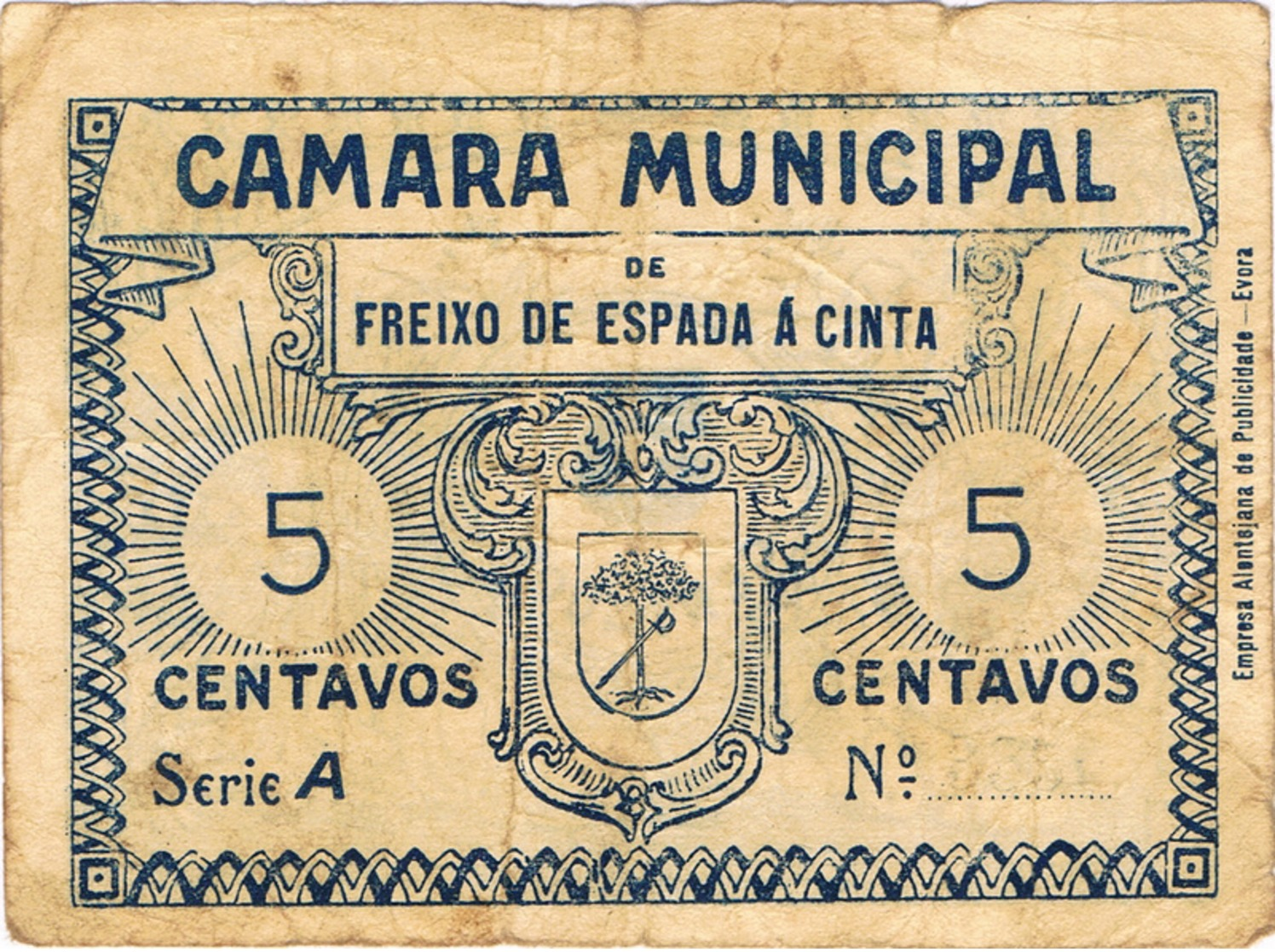 CÉDULA DA CÂMARA MUNICIPAL DE FREIXO DE ESPADA Á CINTA- 5 CENTAVOS. - Portugal