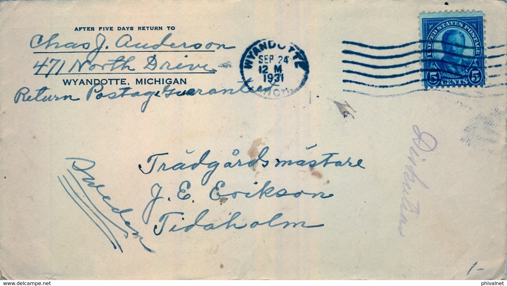 1931 , ESTADOS UNIDOS , SOBRE  CIRCULADO , WYANDOTTE , MICHIGAN - TIDAHOLM ( SUECIA ) - Cartas & Documentos