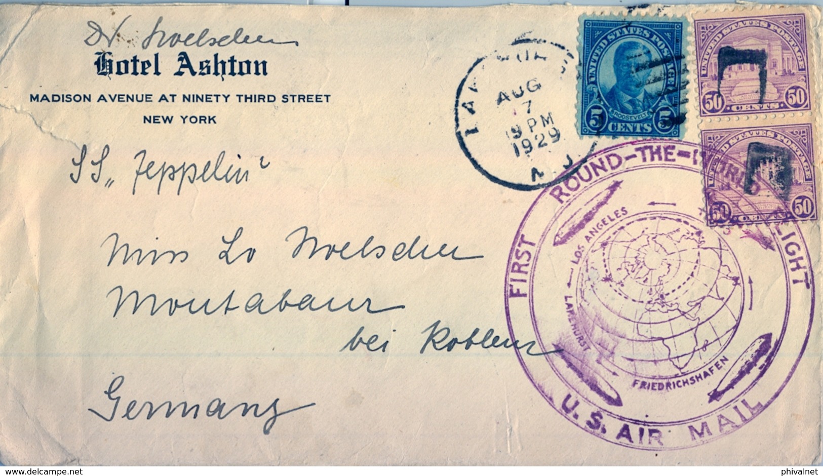 1929 , ESTADOS UNIDOS , SOBRE  CIRCULADO , S.S. " ZEPPELIN " , HOTEL ASHTON N.Y., LAKEHURST - FRIEDRICHSHAFEN - Cartas & Documentos