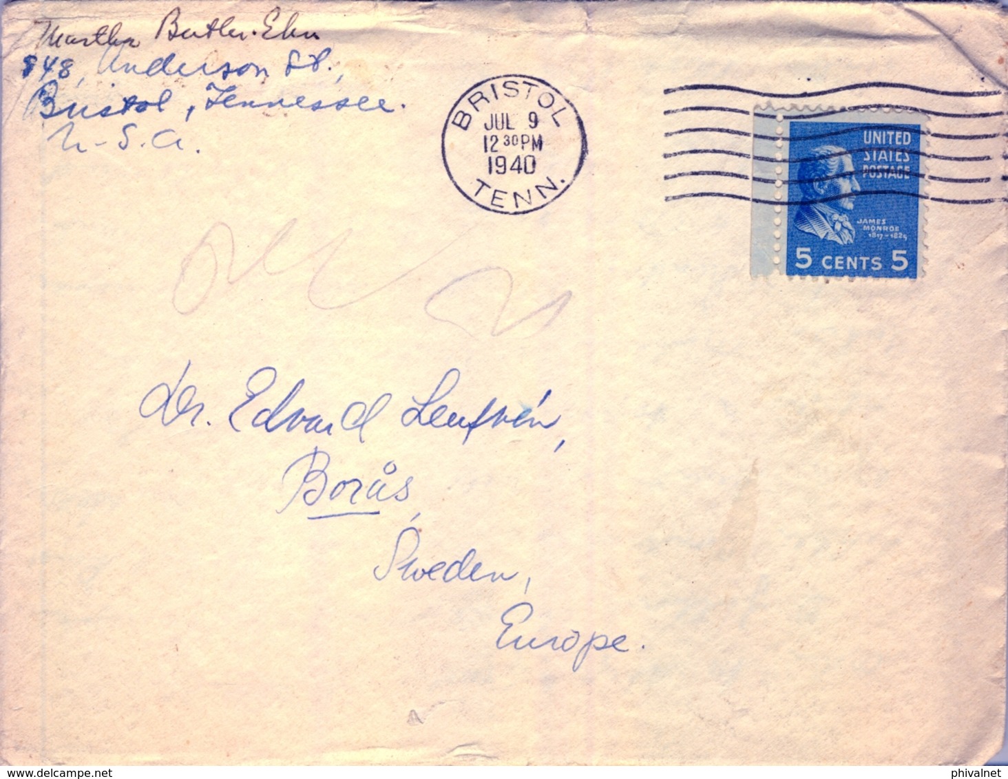 1940 , ESTADOS UNIDOS , SOBRE  CIRCULADO , BRISTOL - BORAS - Cartas & Documentos