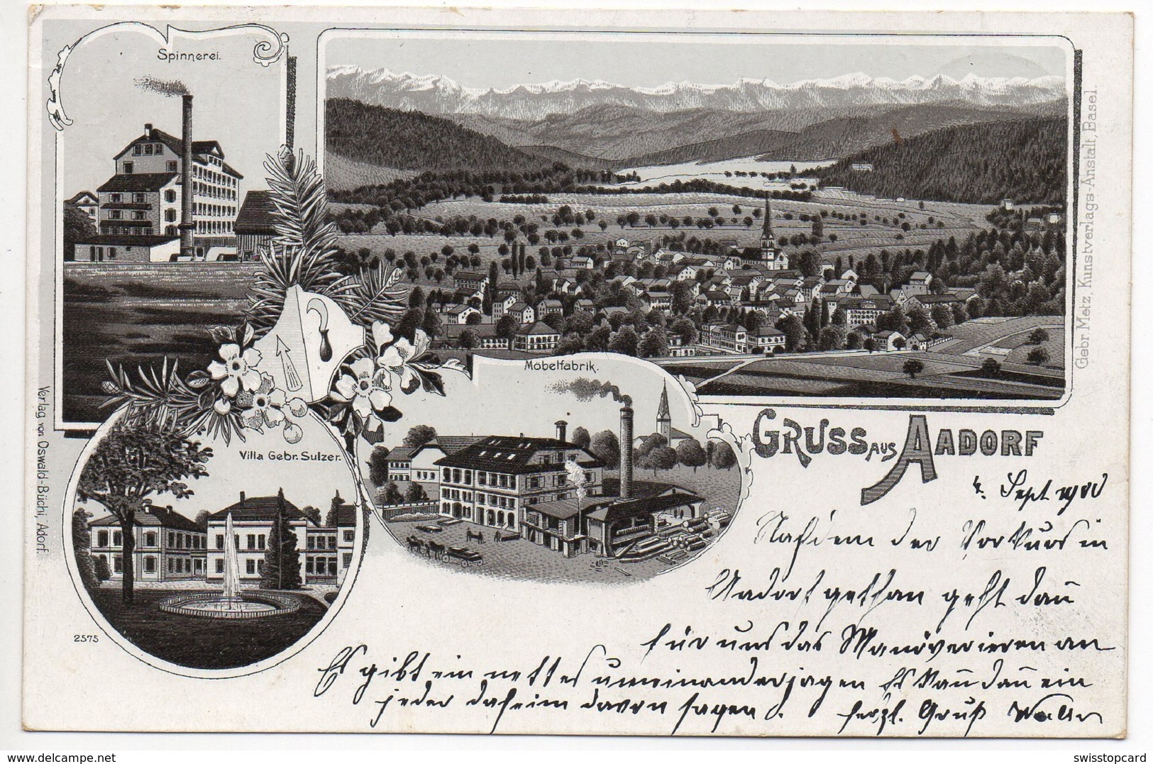 LITHO Gruss Aus AADORF Möbelfabrik Spinnerei Sulzer Villa Gebr. Sulzer Bezirk Münchwilen Gel. 1900 Nach Hundwil - Aadorf