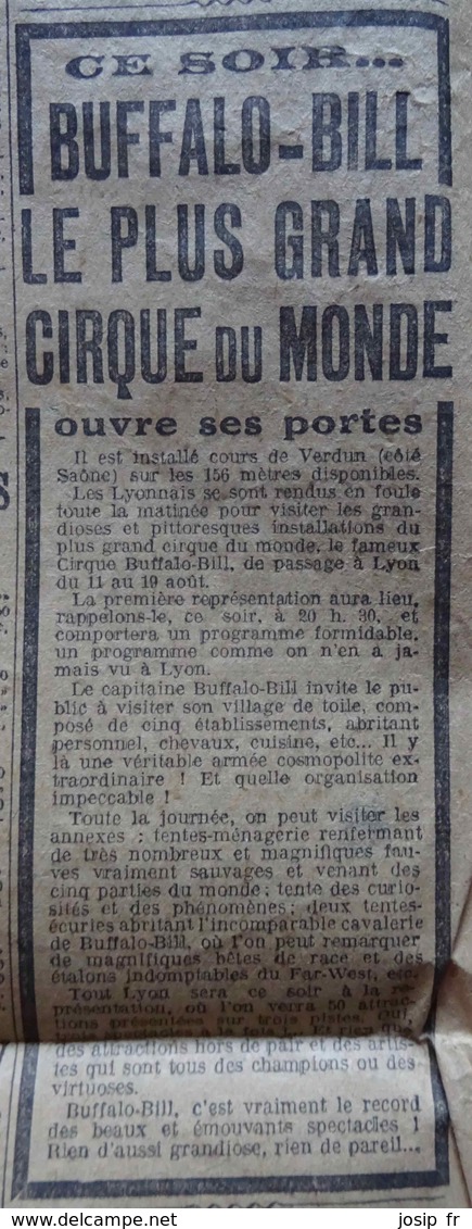 CIRQUE : Pavé Publicitaire CIRQUE BUFFALO BILL-LE PLUS GRAND CIRQUE DU MONDE Dans Le PROGRÈS Du 11 Août 1928 - Autres & Non Classés