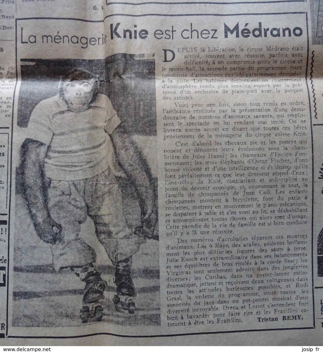 CIRQUE Article Publicitaire LA MÉNAGERIE KNIE AU CIRQUE MÉDRANO Dans L'HUMANITÉ-DIMANCHE Du 06 Novembre 1949 - Autres & Non Classés