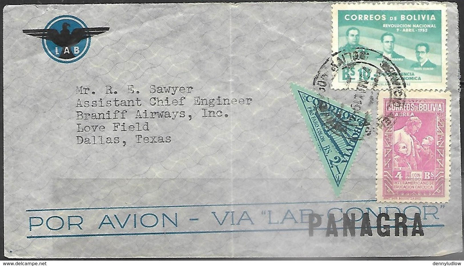 Bolivia  1952  Airmail Cover To Braniff Airways Dallas TX - Bolivien