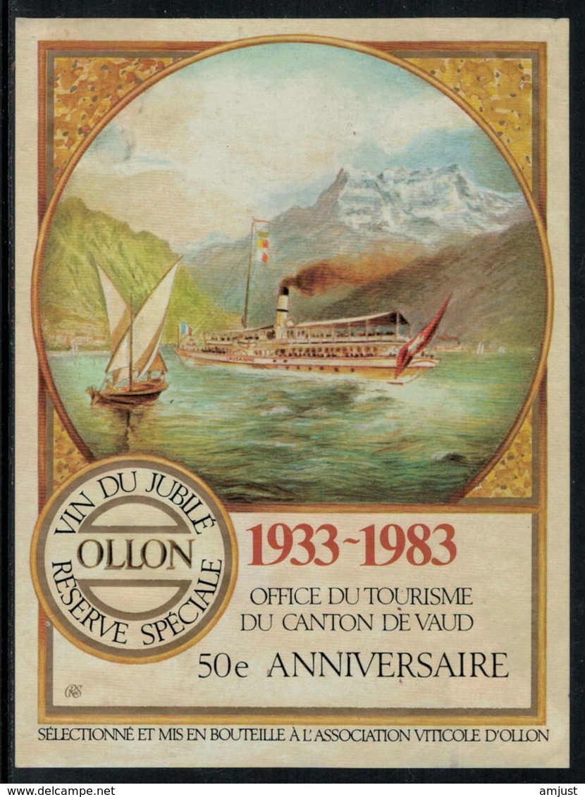 Rare // Etiquette De Vin // Bateau à Voile // Ollon, 50ème Anniversaire Du Tourisme Du Canton De Vaud - Bateaux à Voile & Voiliers