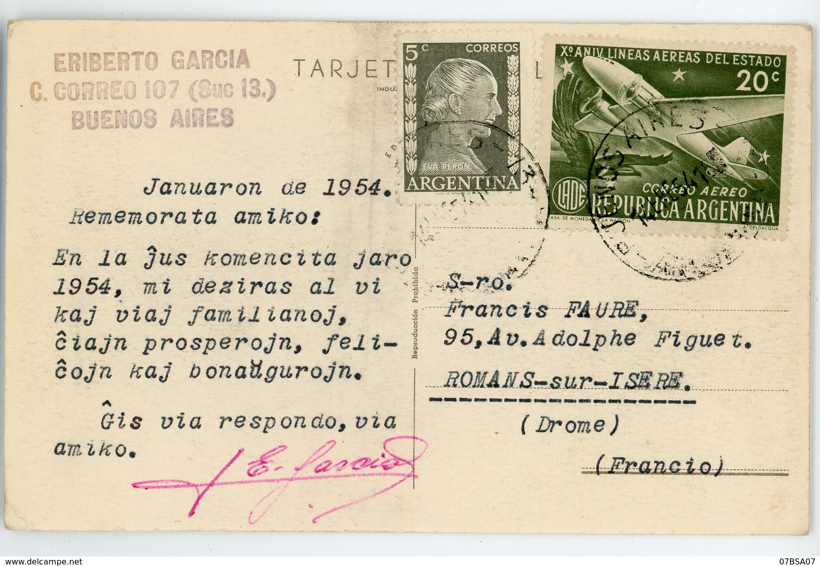 ARGENTINE CP 1954 BUENOS AIRES LETTRE AVION => FRANCE - Lettres & Documents