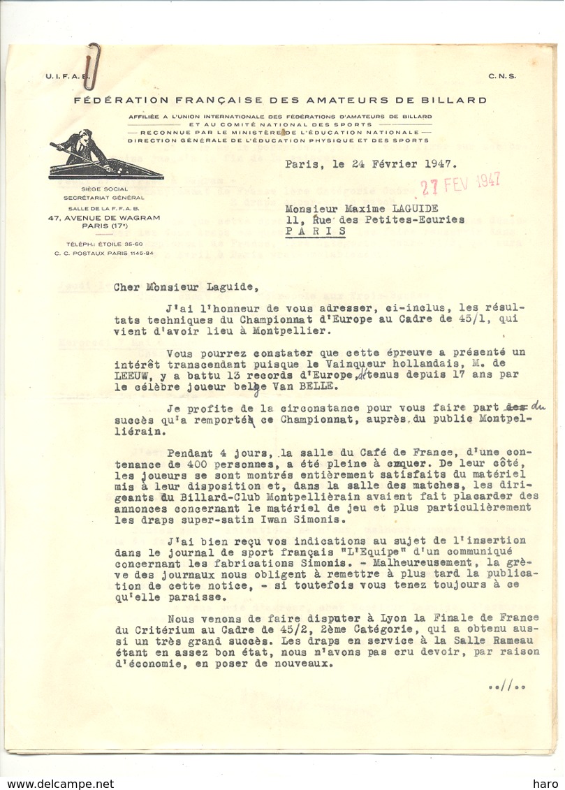 Lettre à Entête Fédération Française Des Amateurs De Billard 1947 Avec Les Résultats Du Championnat De Montpellier (jm) - Biliardo