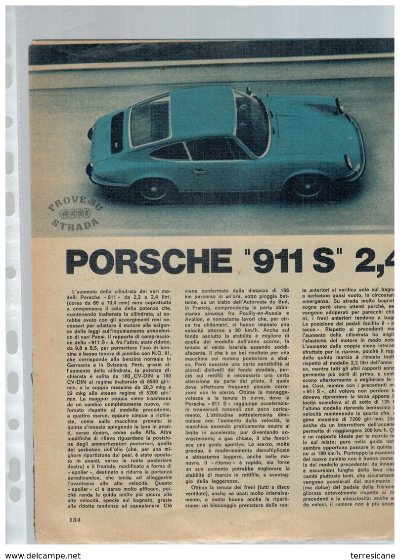 PROVA SU STRADA PORSCHE 911 S 2,4 ESTRATTO DA RIVISTA 4RUOTE - Automobilismo - F1