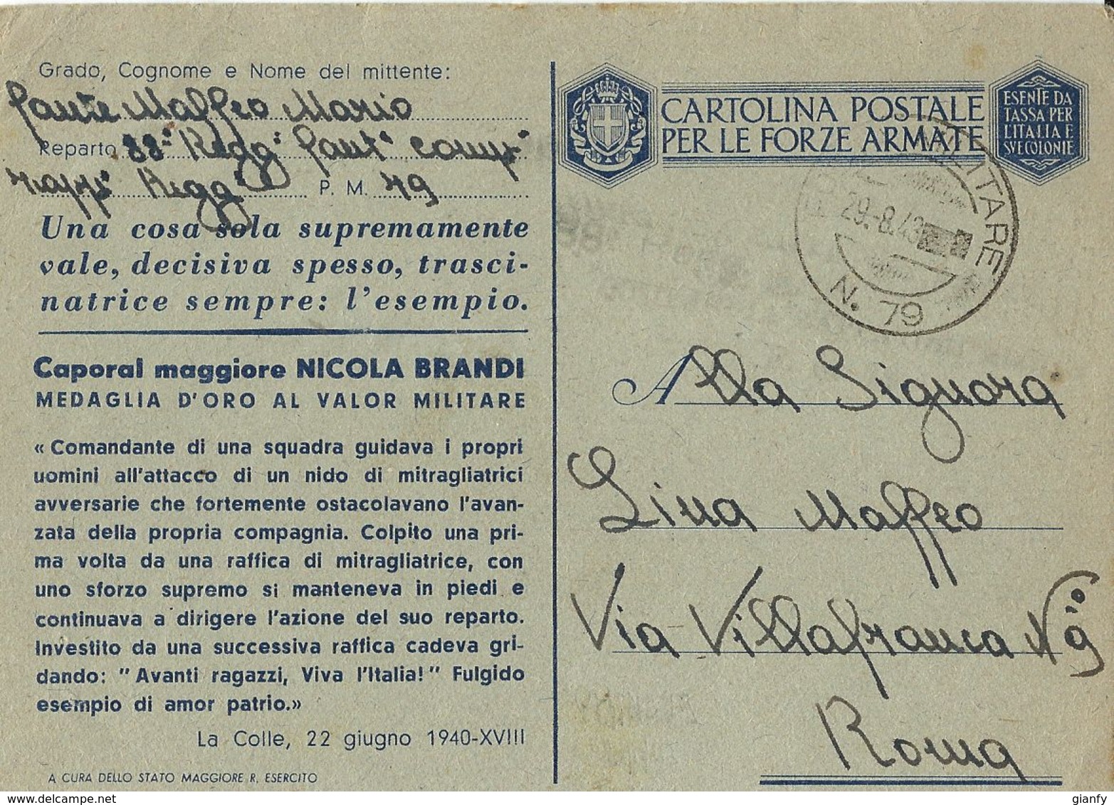 FRANCHIGIA POSTA MILITARE 79 1943 BELGODERE CORSICA X ROMA MEDAGLIA ORO BRANDI - Military Mail (PM)