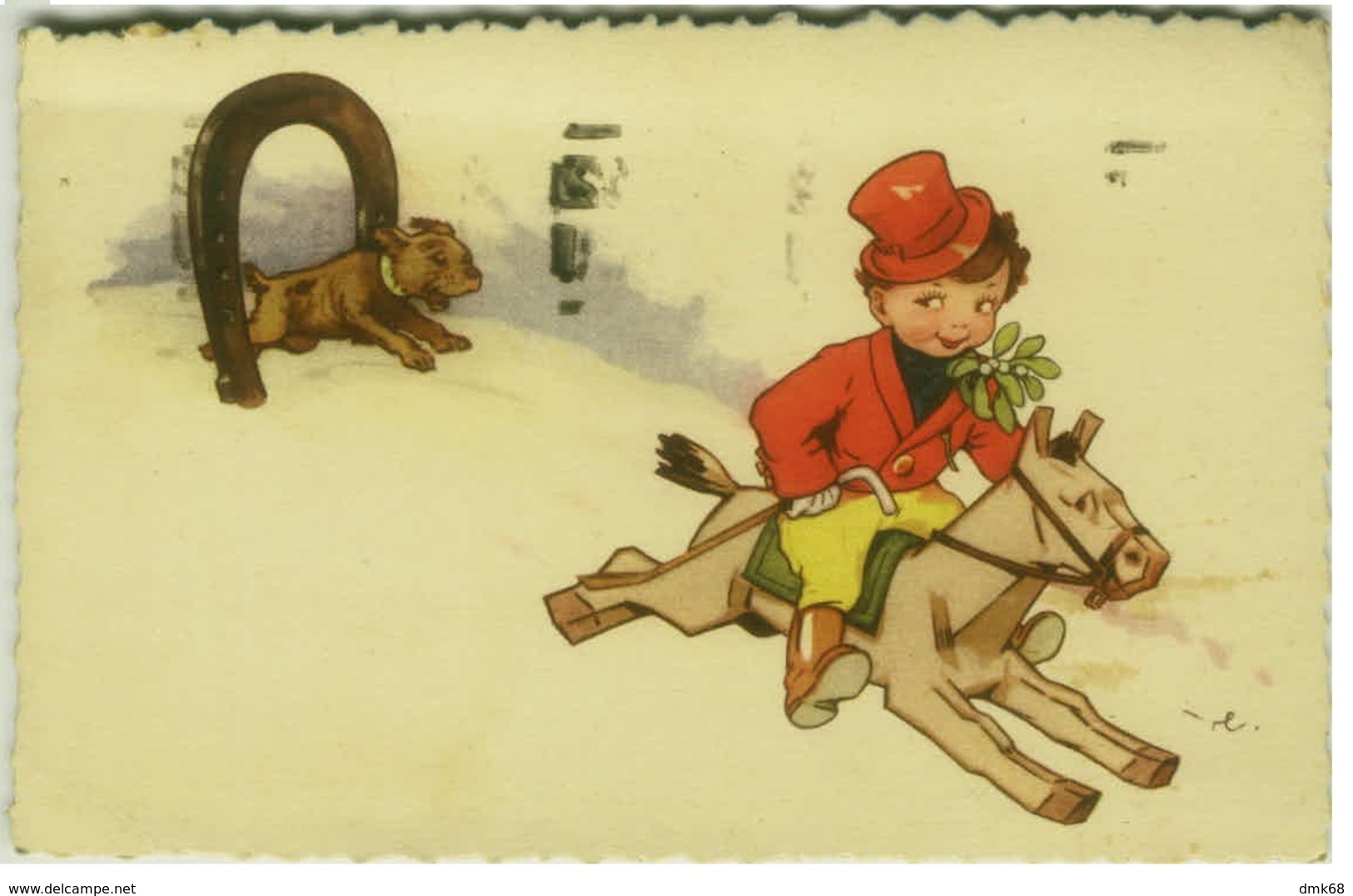 CASTELLI SIGNED 1930s POSTCARD -  KID WITH DOG AND HORSE /TOY - N.37-12 (BG79) - Castelli