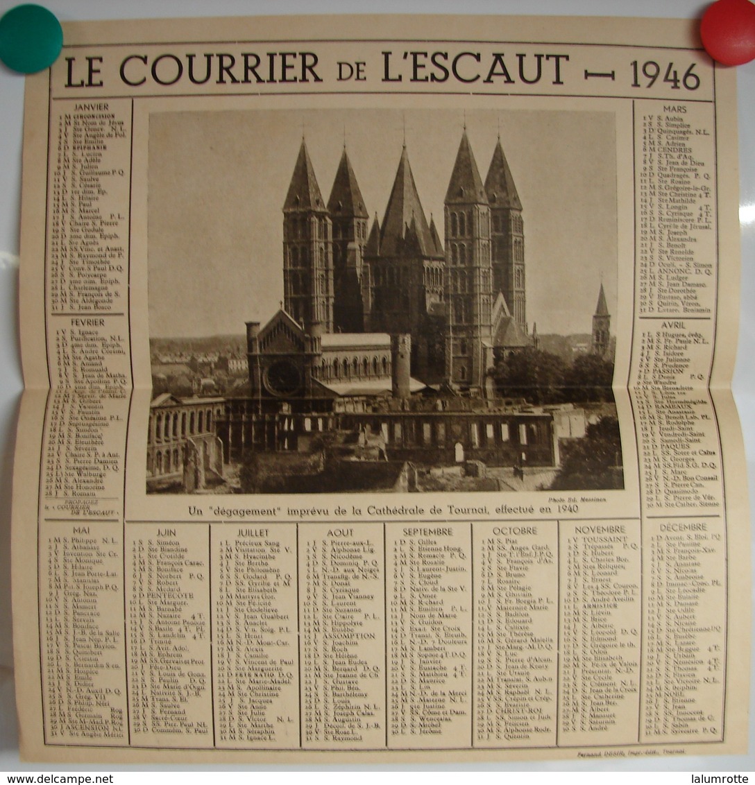 Calendrier. 9. Le Courrier De L'Escaut 1946. Photo De La Cathédrale De Tournai - Groot Formaat: 1941-60