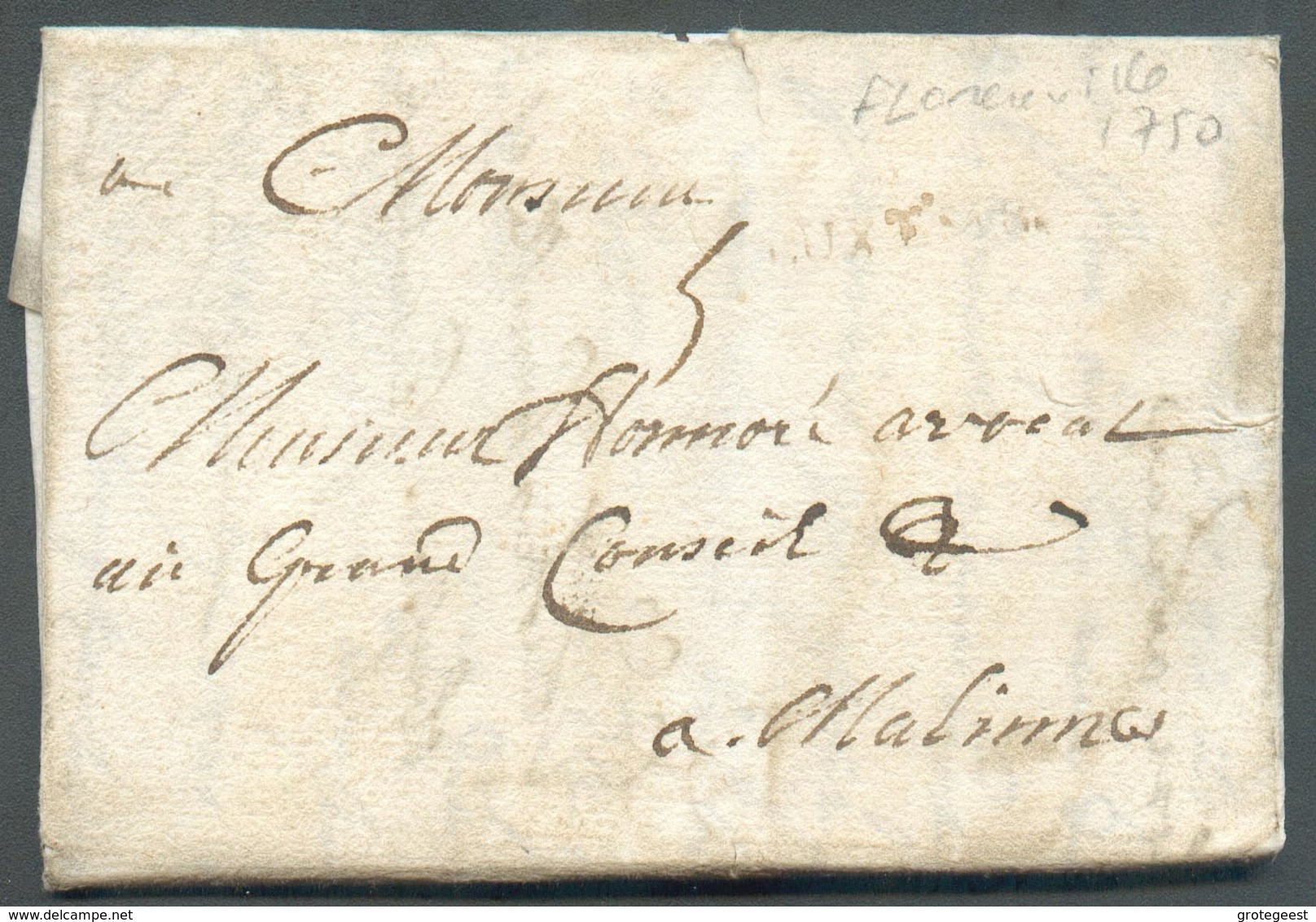 LAC De FLORENVILLE (Belgique) Acheminé Le 18 Décembre 1750 Par LUXEMBOURG ( Griffe Brune LVXEMB. (RR, H.8 Cote 30 Herlan - ...-1852 Prephilately