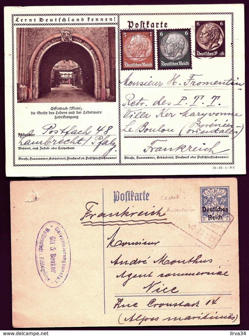 2 ENTIERS ALLEMAGNE- POSTKARTE EMPIRE- DEUTCHES REICH 1921+REICH III° 1934- POUR FRANCE-  ILLUSTRATION - Lettres & Documents