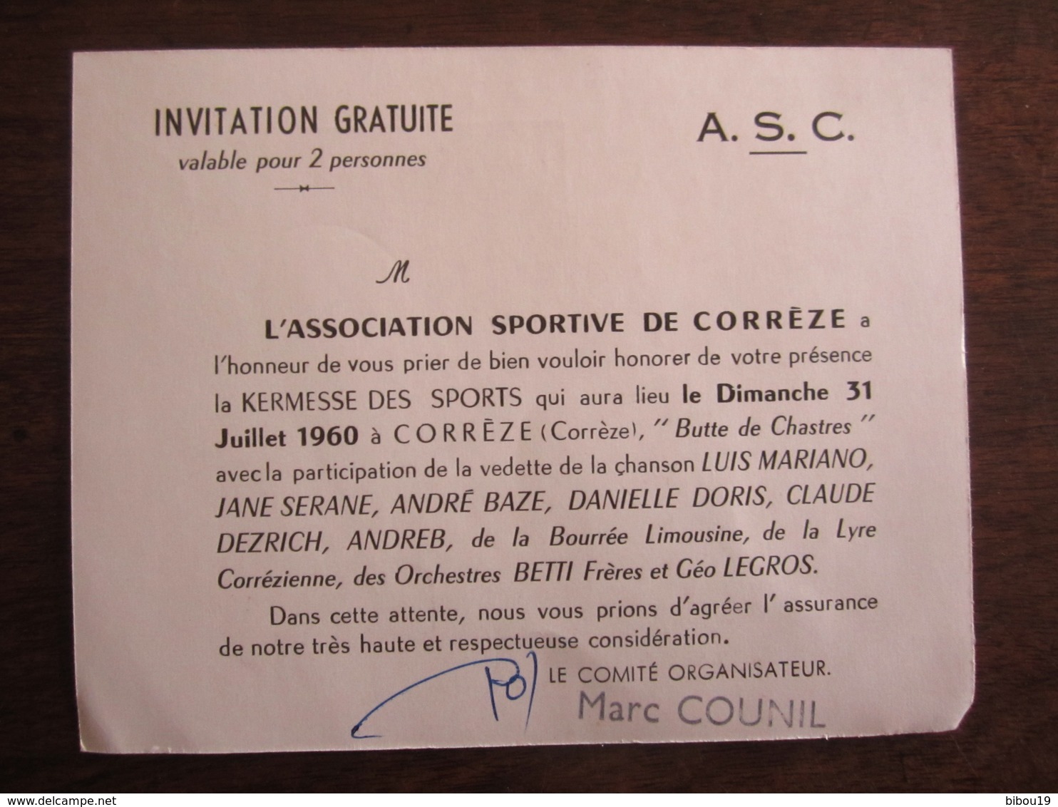 INVITATION ASSOCIATION SPORTIVE DE CORREZE  AVEC LUIS MARIANO JANE SERANE ANDRE BAZE  ETC 31 JUILLET 1960 - Tickets - Entradas