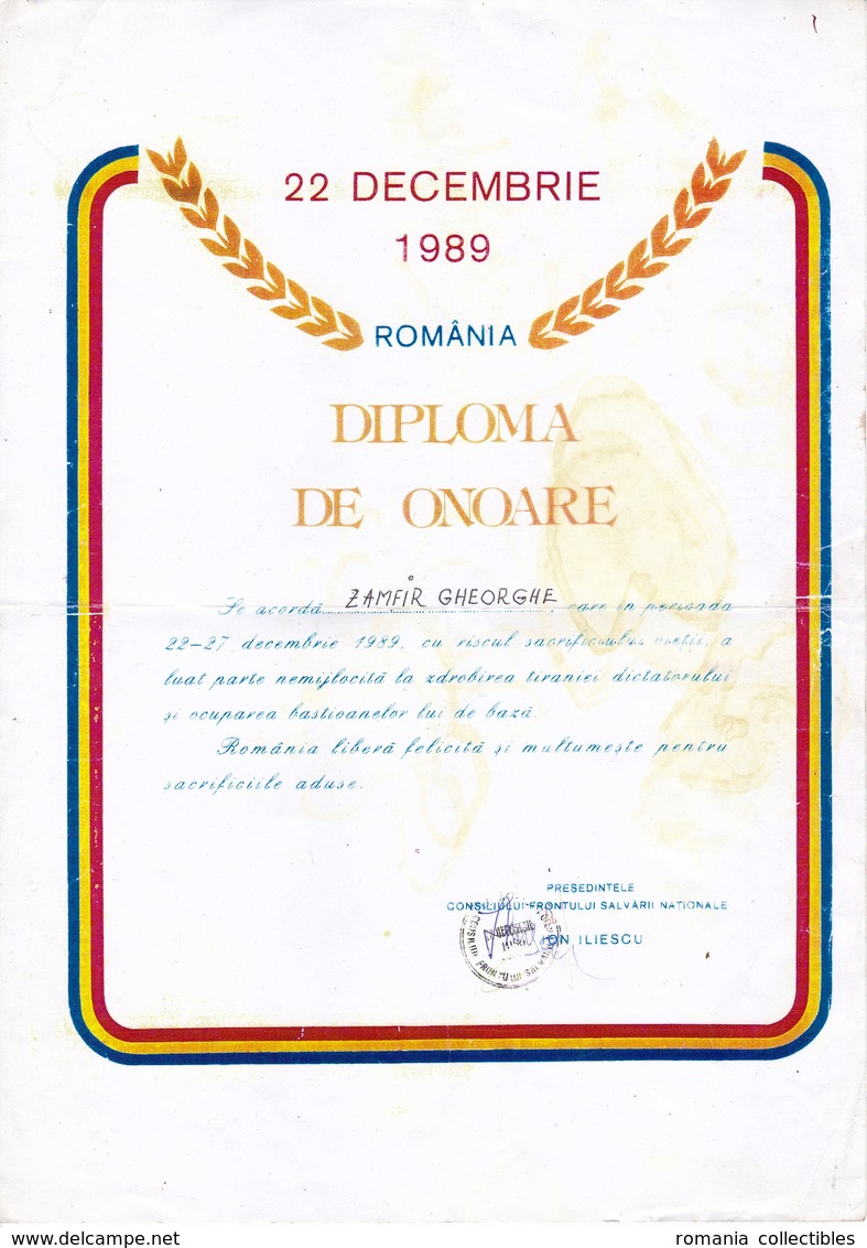 Romania, 1990, Vintage Honor Diploma - Participation In The 1989 Revolution - Diplômes & Bulletins Scolaires