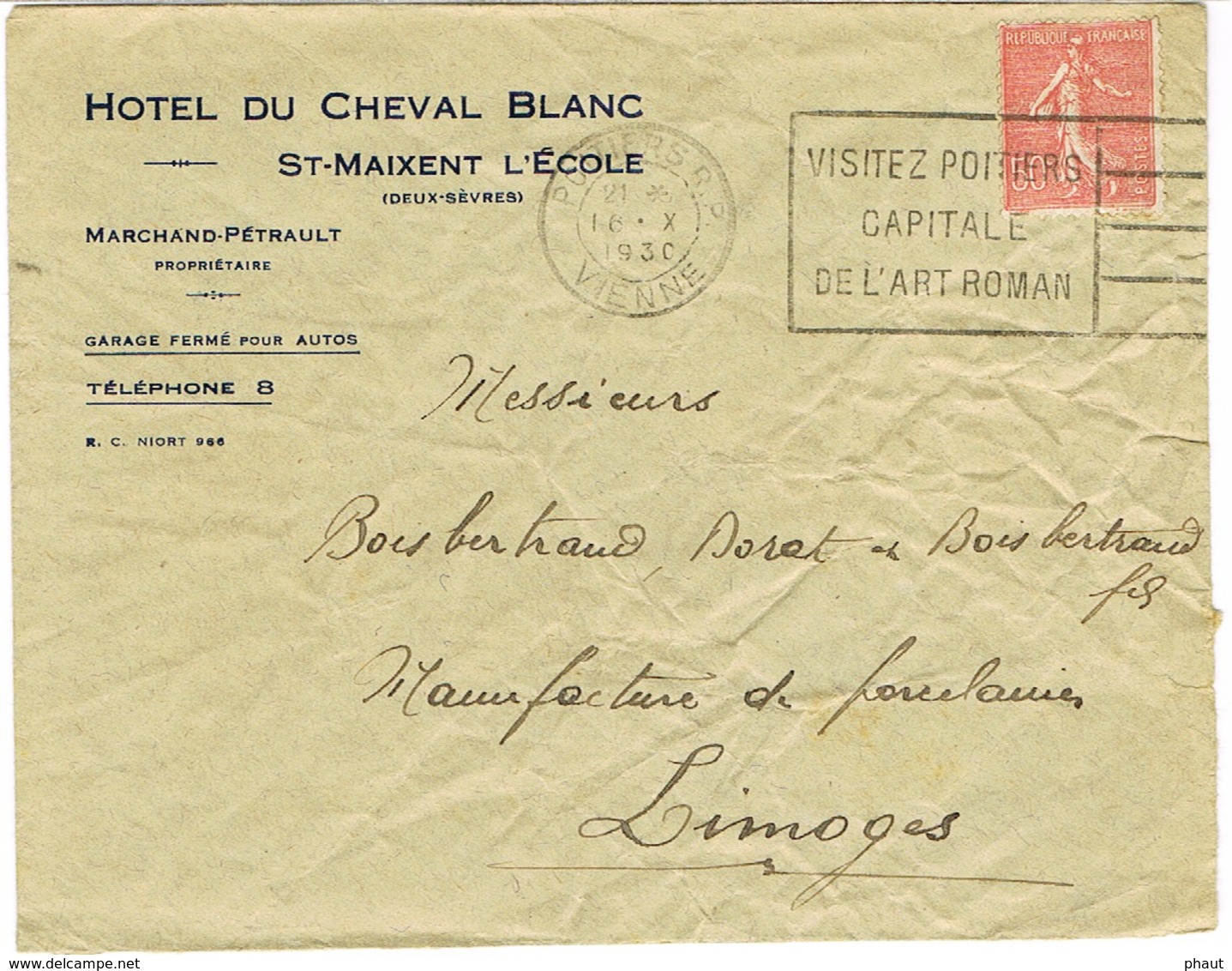 ENVELOPPE  A EN-TETE HOTEL DU CHEVAL BLANC ST MAIXENT L'ECOLE - 1921-1960: Période Moderne