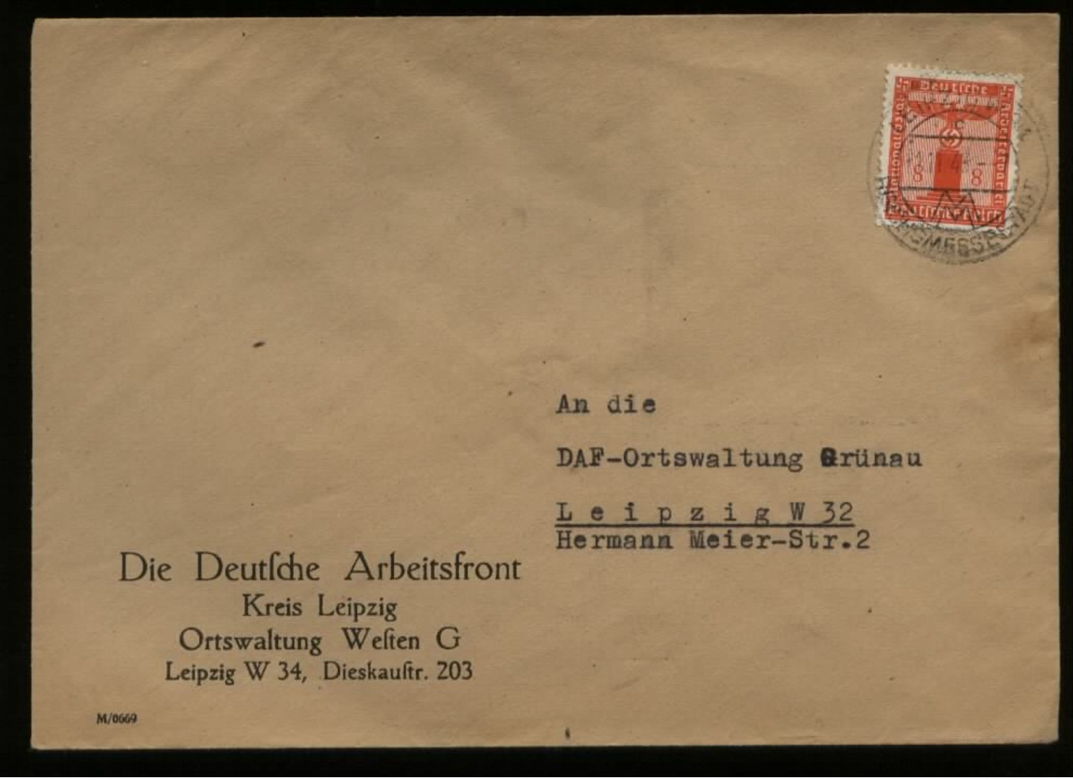 WW II NSDAP Dienstpost Brief DAF: Gebraucht Leipzig 1944 , Bedarfserhaltung. - Briefe U. Dokumente