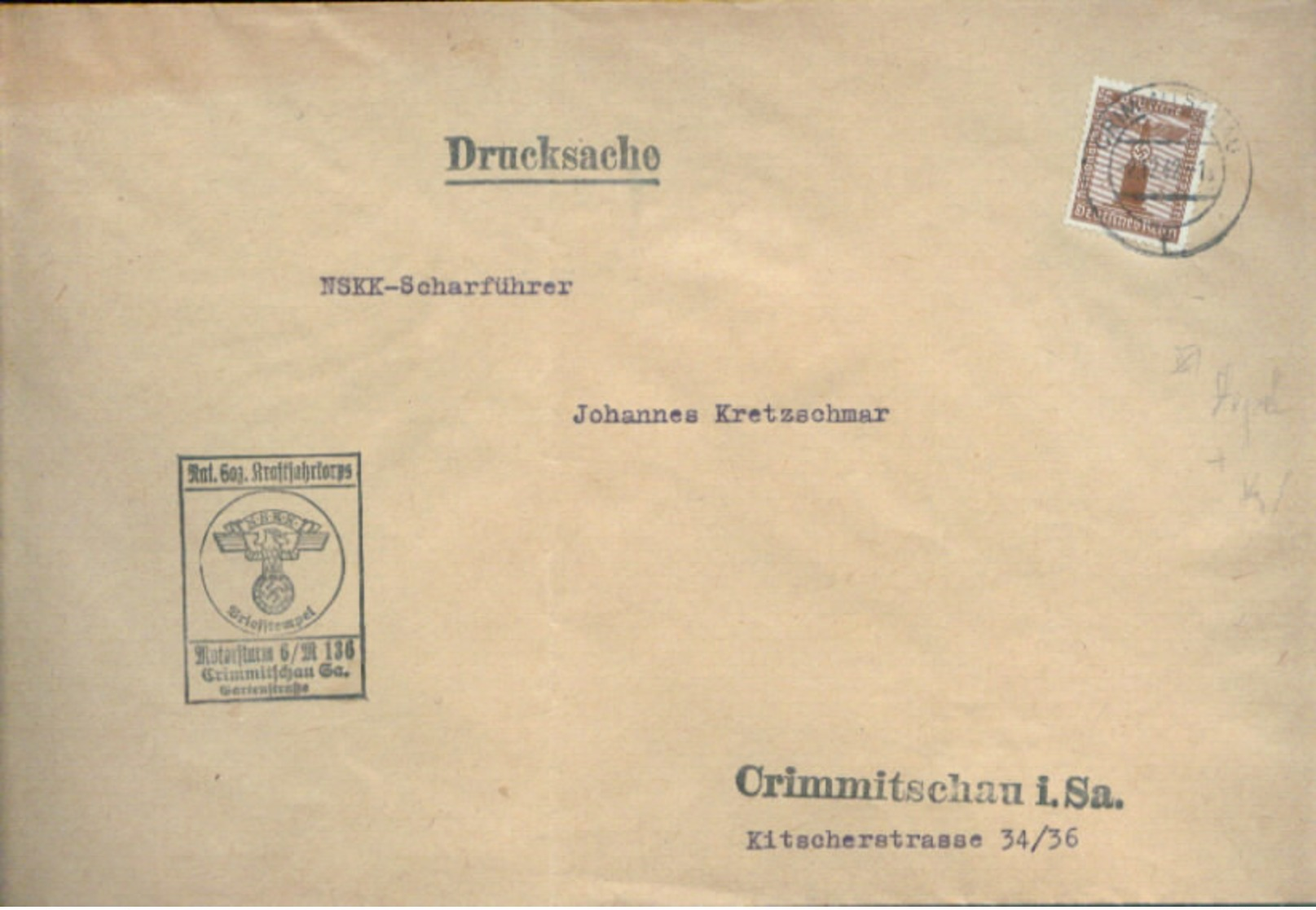 WW II Brief : NSDAP Dienstpost NSKK Motorsturm 6 / M 136 Crimmitschau  1942. - Briefe U. Dokumente