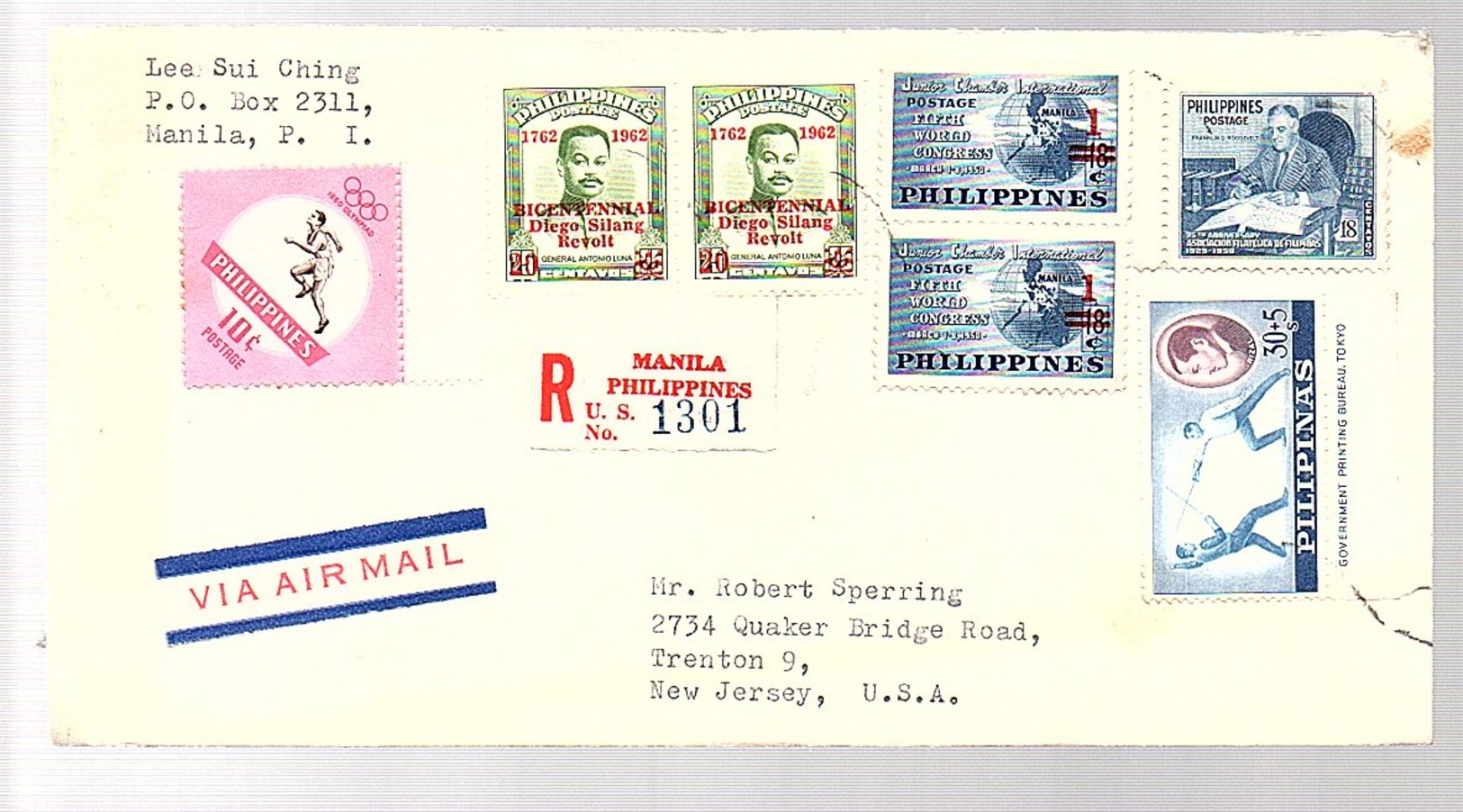 Impressive Franking 1963 Lee Sui Ching Manila > Robert Sperring Trenton USA & Letter Fencing (78) - Philippines