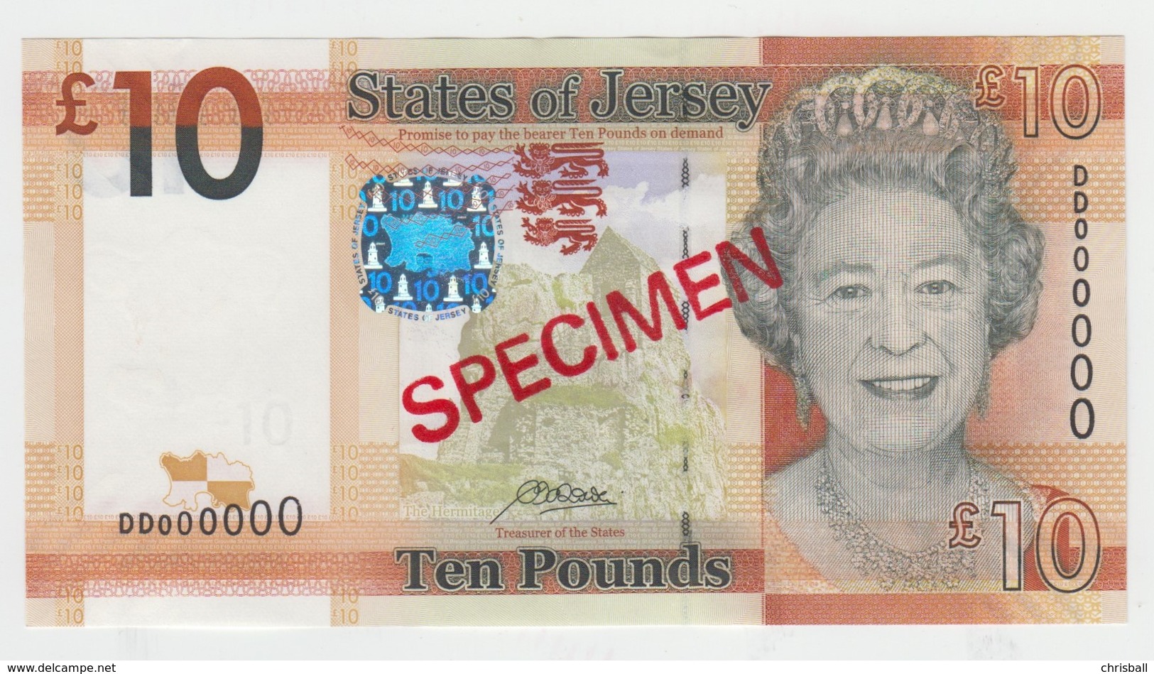 Jersey Banknote Ten Pound Code DD, L Rowley Specimen Overprint Superb UNC Condition - Jersey