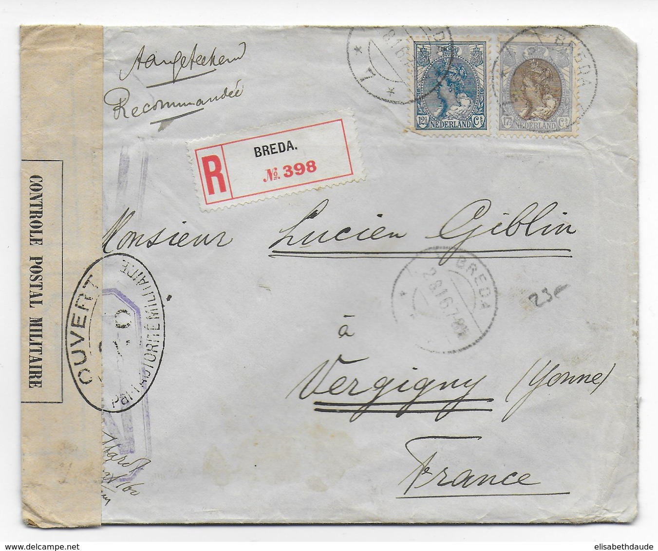 NEDERLAND - 1916 - ENVELOPPE RECOMMANDEE Avec DOUBLE CENSURE De BREDA => VERGIGNY - Poststempels/ Marcofilie