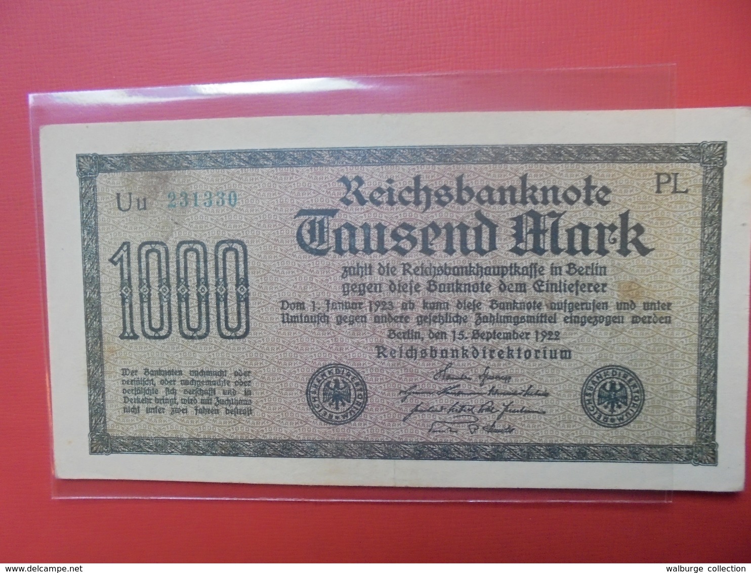 Reichsbanknote 1000 MARK 1922 VARIETE N°2 - 1000 Mark