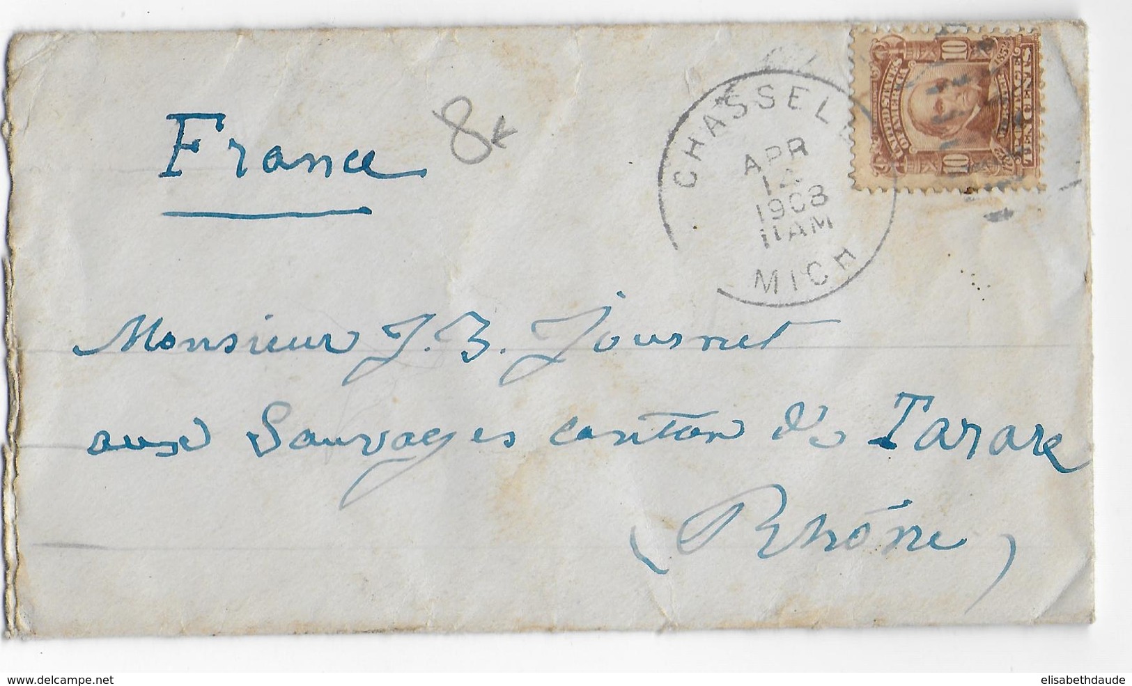 USA - 1908 - ENVELOPPE De CHASSELL (MICHIGAN) => TARARE - Brieven En Documenten