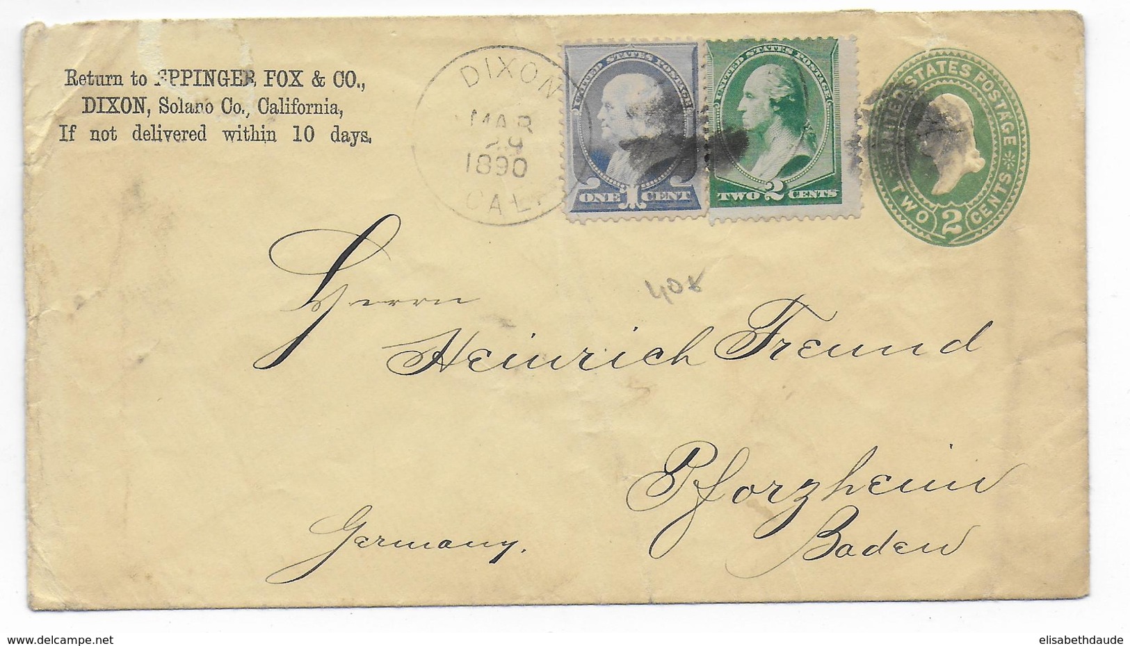 USA - 1890 - ENVELOPPE ENTIER De DIXON (CALIFORNIA) => PFORZHEIM (BADEN) - Covers & Documents