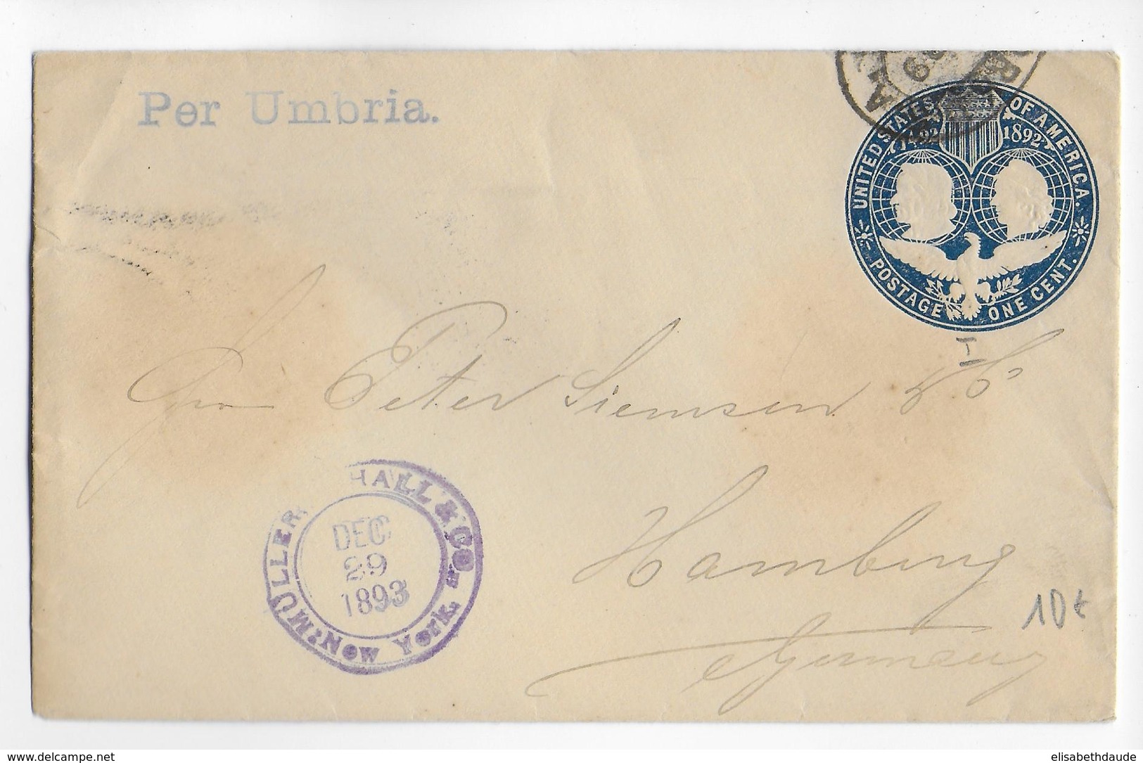 USA - 1893 - ENVELOPPE ENTIER De NEW YORK => HAMBURG (GERMANY) Par PAQUEBOT "SS UMBRIA" - MARITIME - ...-1900