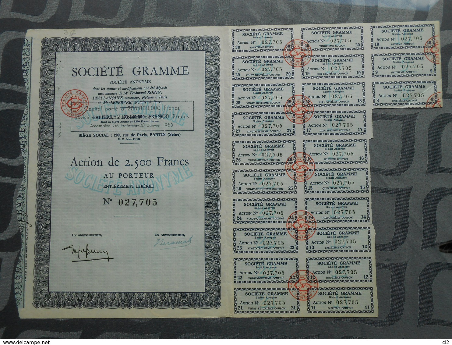 Société GRAMME - Action De 2500 Francs Au Porteur - G - I