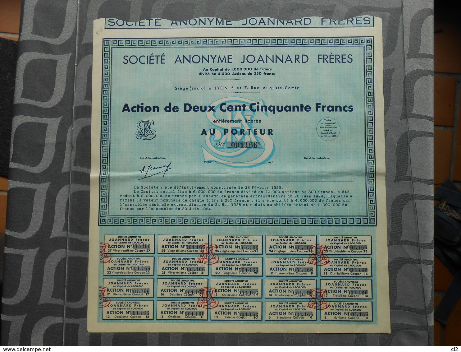 Société Anonyme JOANNARD FRERES - Action De 250 Francs Au Porteur (document Complet) - J - L