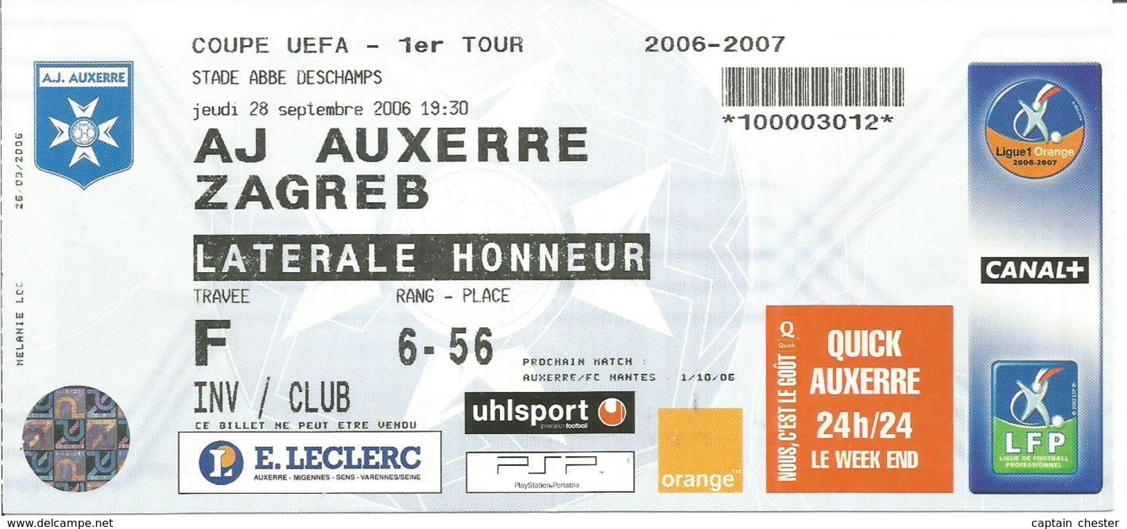 BILLET AJ AUXERRE / ZAGREB ( Football Coupe De L'UEFA  1er Tour 2006 / 2007 ) - Autres & Non Classés