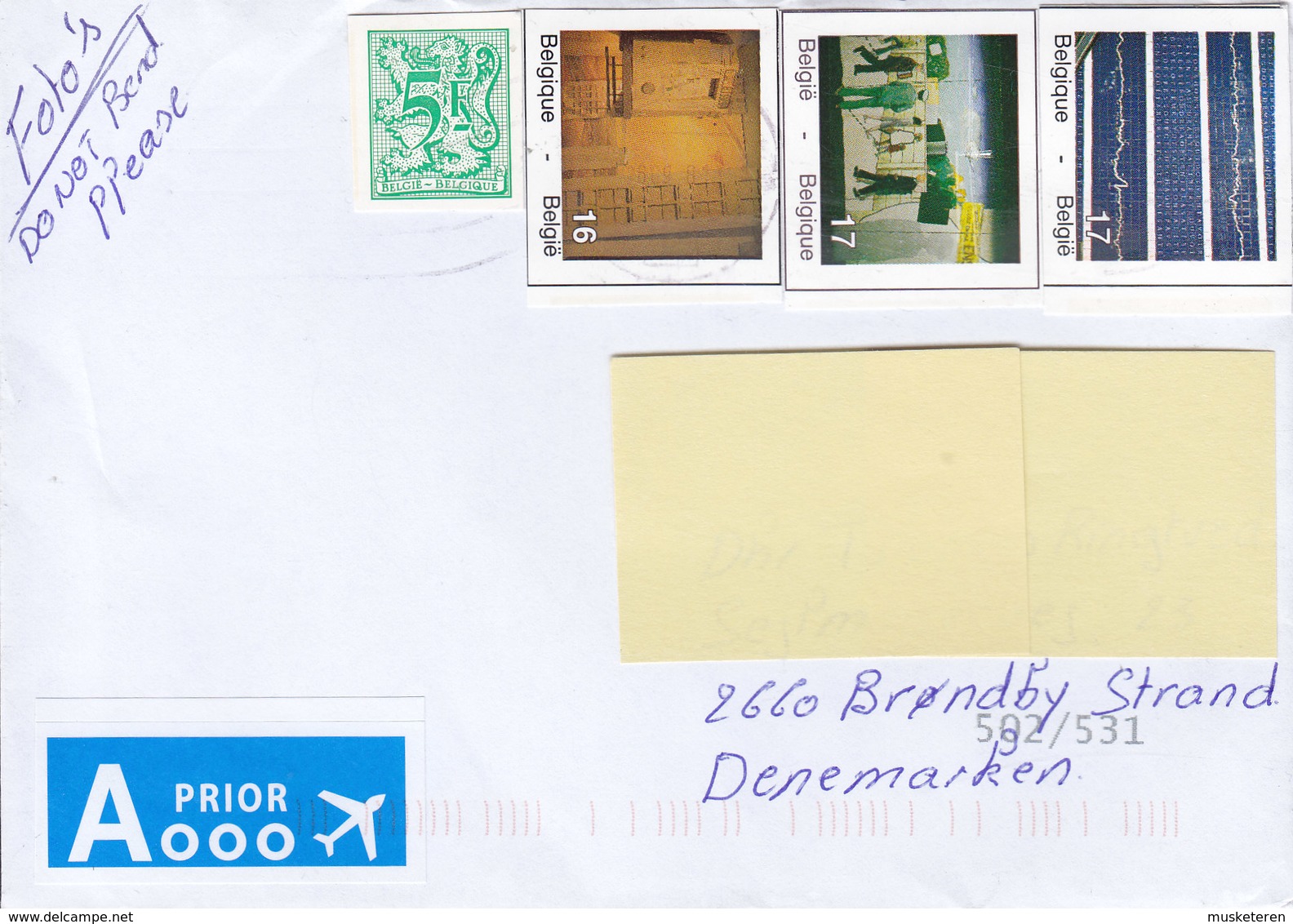 Belgium A PRIOR Avion Label 20?? Cover Lettre BRØNDBY STRAND Denmark 4x Imperf Cutouts From Stationery Ganzsache Entier? - Storia Postale