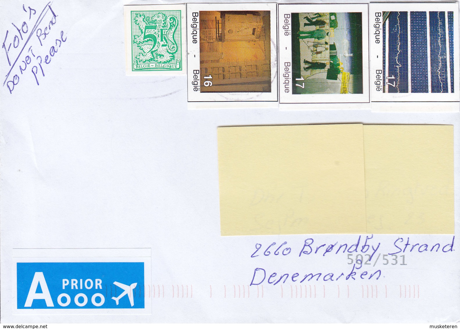 Belgium A PRIOR Avion Label 20?? Cover Lettre BRØNDBY STRAND Denmark 4x Imperf Cutouts From Stationery Ganzsache Entier? - Briefe U. Dokumente