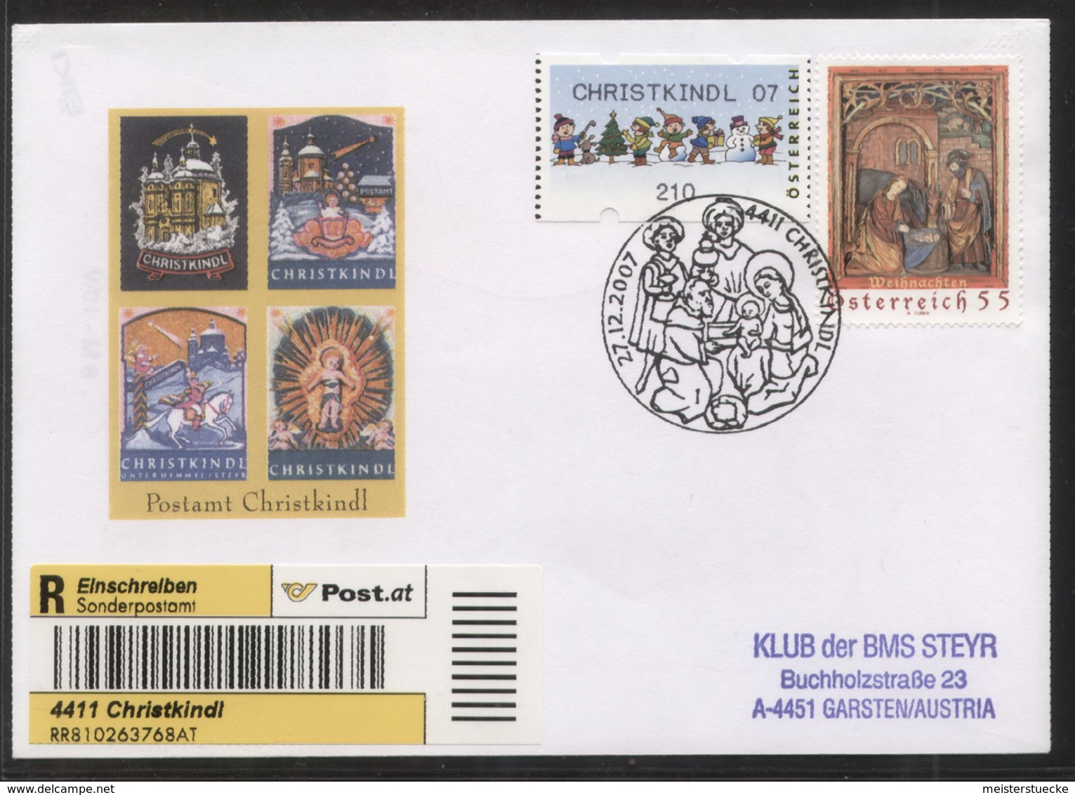 Österreich - ATM MiNr. 8 Auf R-Brief Mit SST CHRISTKINDL 27.12.2007, Einschreibemarke "Christkindl" +Einlieferungsschein - Covers & Documents