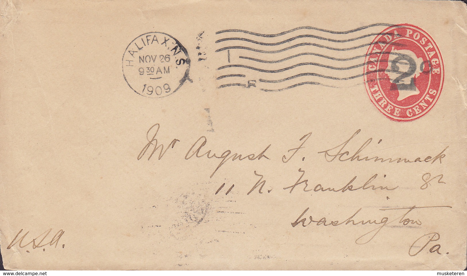 Canada Postal Stationery Ganzsache Entier 2c. Auf 3c. Victoria HALIFAX Nova Scotia 1909 WASHINGTON Pa. USA (2 Scans) - 1860-1899 Règne De Victoria