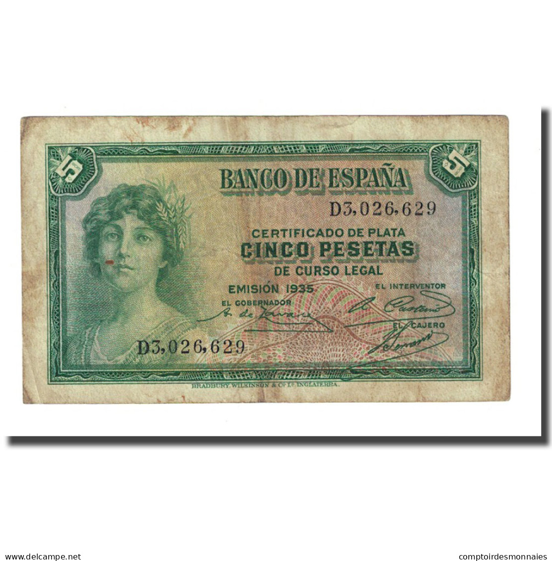 Billet, Espagne, 5 Pesetas, 1935, KM:85a, TB - 5 Pesetas