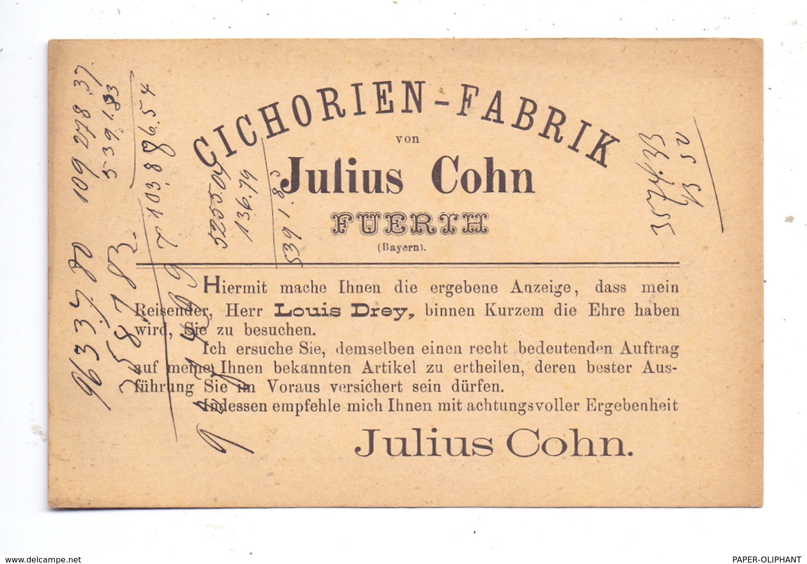 8510 FÜRTH, Cichorien-Fabrik Julius Cohn / Judaica, Besuchs-Karte, 1888 - Fuerth