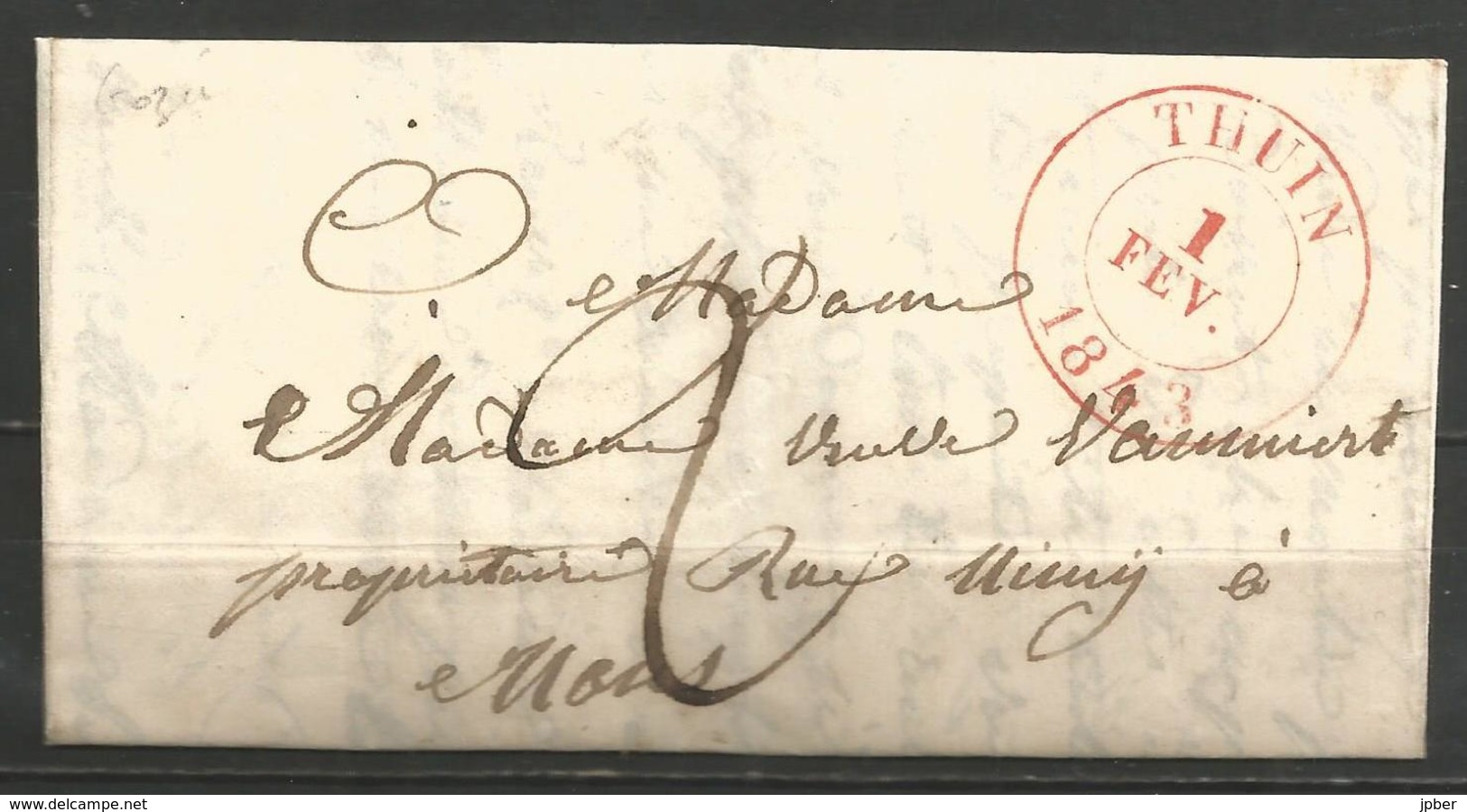 (D155) Lettre De THUIN Du 1/2/1843 Vers Mons - 1830-1849 (Belgique Indépendante)