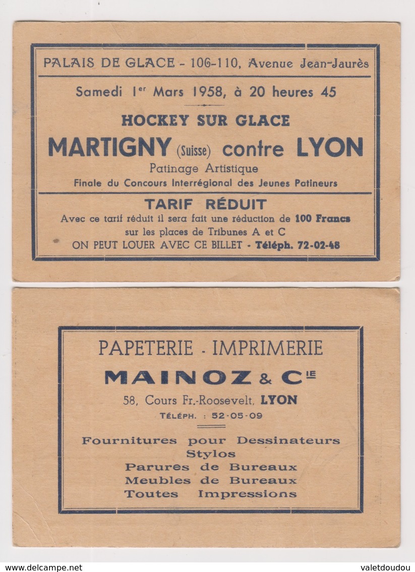 Billet Hockey Sur Glace Martigny Contre Lyon Palais De Glace. 1-03-1958 - Tickets D'entrée