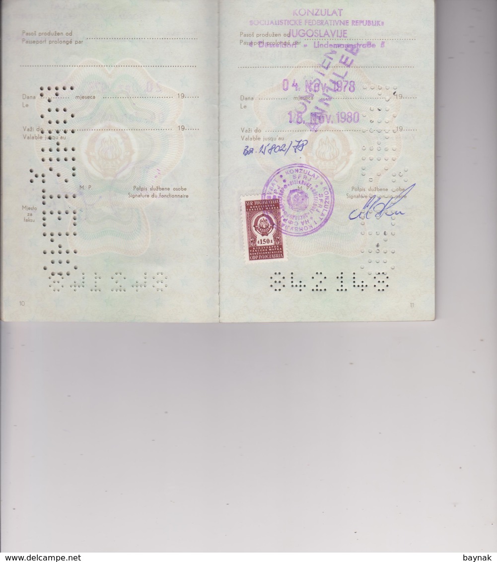P88  --  SFR   YUGOSLAVIA  ---   PASSPORT  ~   LADY PHOTO ~  VISA  DEUTSCHLAND  ~~  TAX STAMP,  TIMBRE FISCAL  ~~  1976 - Documents Historiques