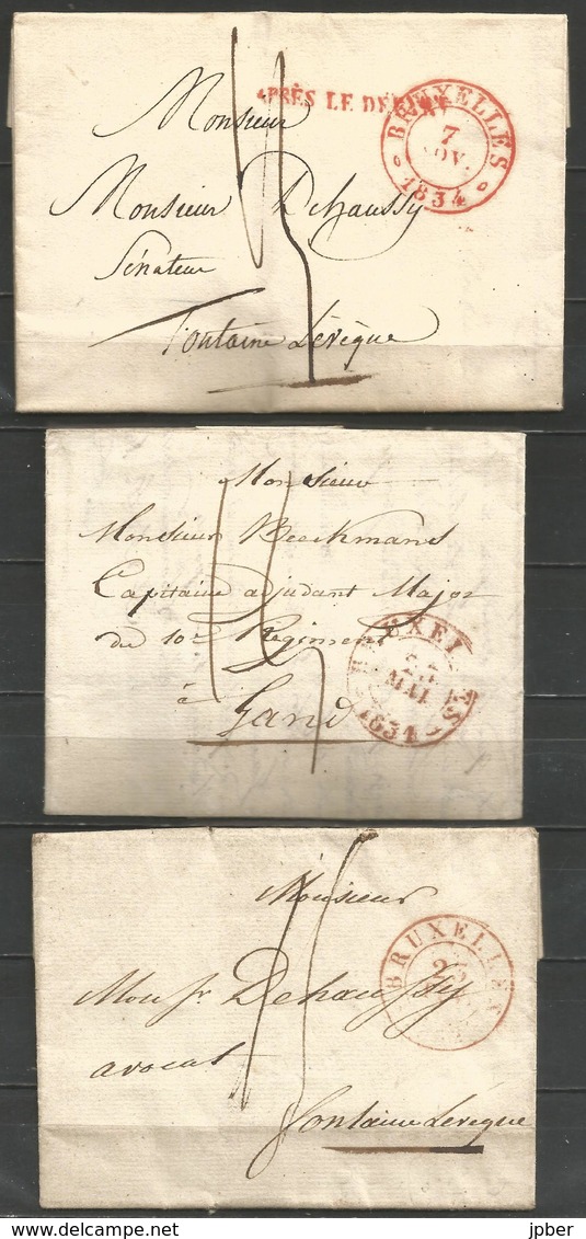 (D164) 3 Lettres De BRUXELLES (càd En Rouge) Vers Gand (1831) Et Fontaine-l'Evêque (1832 Et 1834) - 1830-1849 (Belgique Indépendante)