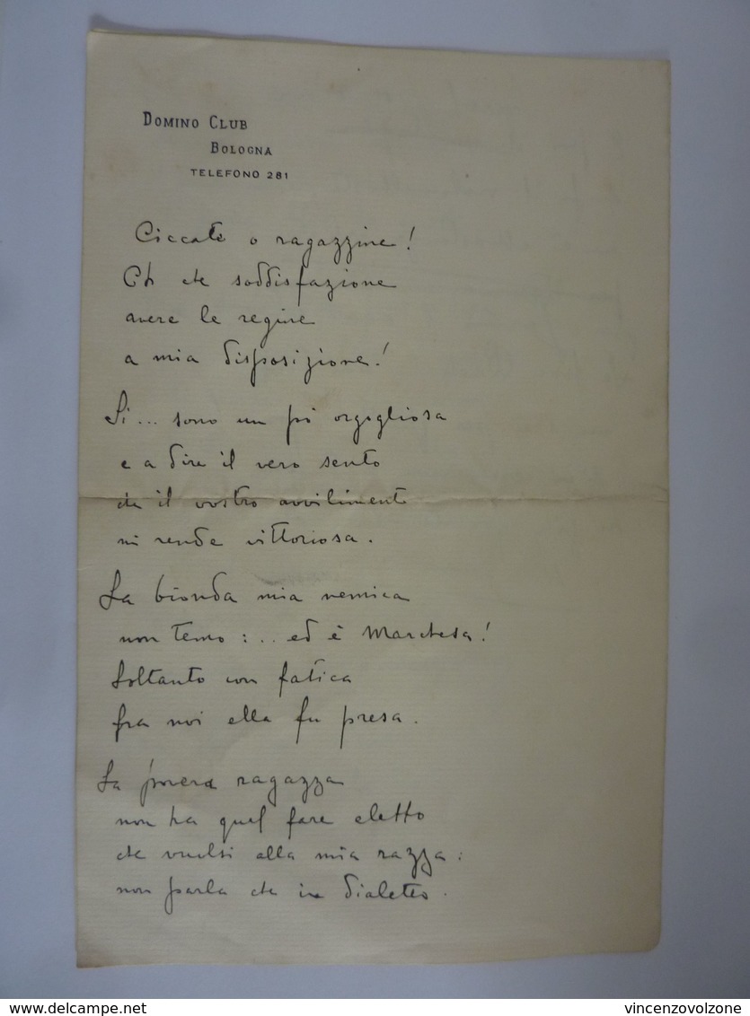 Poesia Manoscritta Su Carta Intestata "DOMINO CLUB BOLOGNA" - Manuscrits