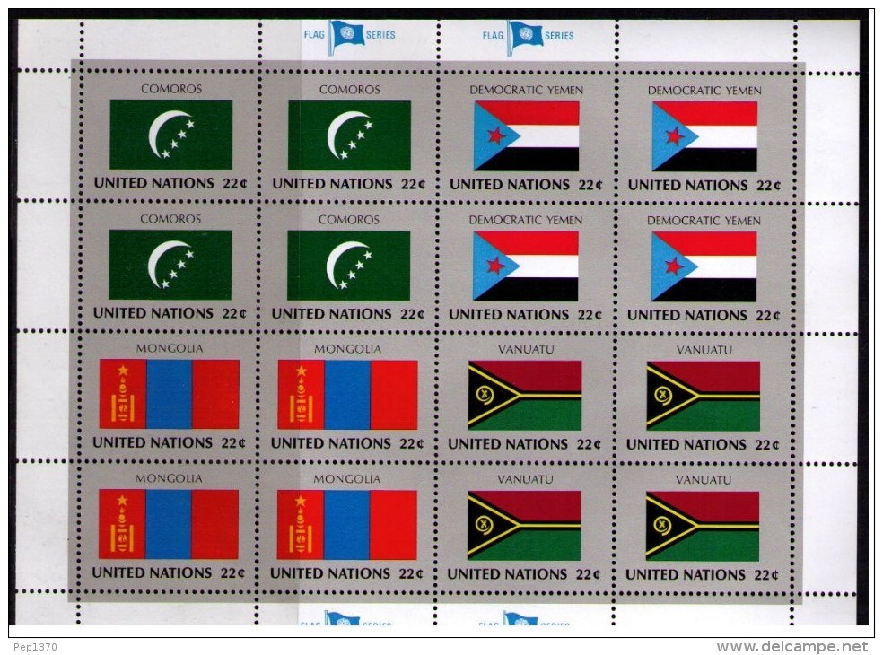 BANDERAS ONU - NU FLAGS - MINI HOJA - MINI SHEET - COMOROS - DEMOCRATIC YEMEN - MONGOLIA - VANUATU - Sellos