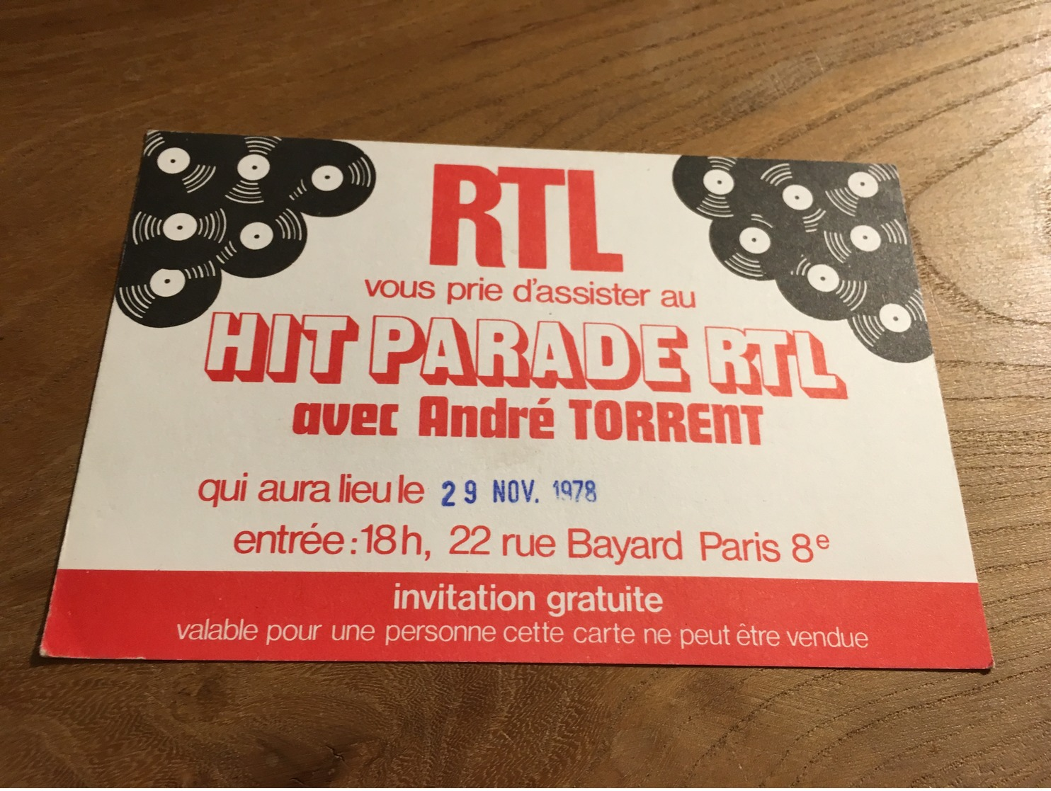 270/ CARTE D INVITATION RTL HIT PARADE RTL AVEC ANDRE TORRENT 1978 - Autres & Non Classés