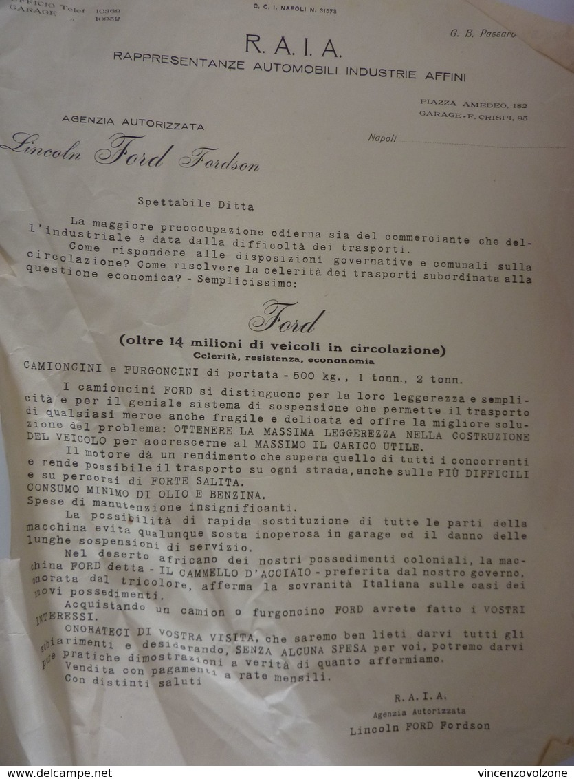 Lettera Commerciale "R.A.I.A. Rappresentanze Automobili Industrie Affini LINCOLN FORD" Anni '50 - Italia