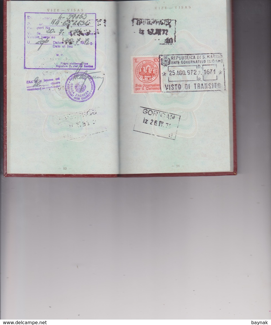 S. F. R.  YUGOSLAVIA  --  PASSPORT  ~ VISA  SAN MARINO,  ALLE LANDEN EUROPA ( RUSSIA, UKRAINA )   ~  TAX STAMP ~ 1968 - Documents Historiques