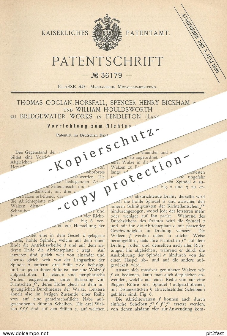 Original Patent - Thomas Coglan Horsfall, Spencer H. Bickham , W. Houldsworth Zu Bridgewater Works , Pendleton | Draht ! - Historical Documents