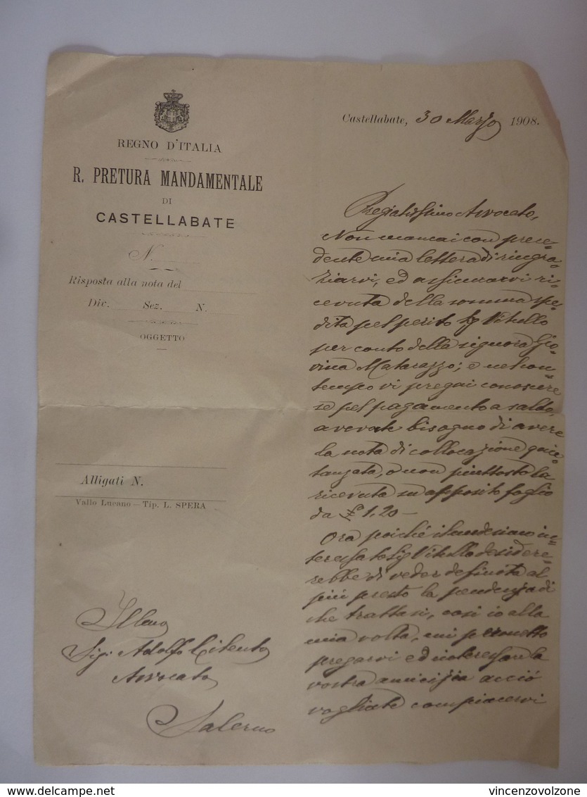 Lettera Manoscritta "REGNO D'ITALIA R. PRETURA MANDAMENTALE DI CASTELLABATE" 30 Marzo 1908 - Manoscritti